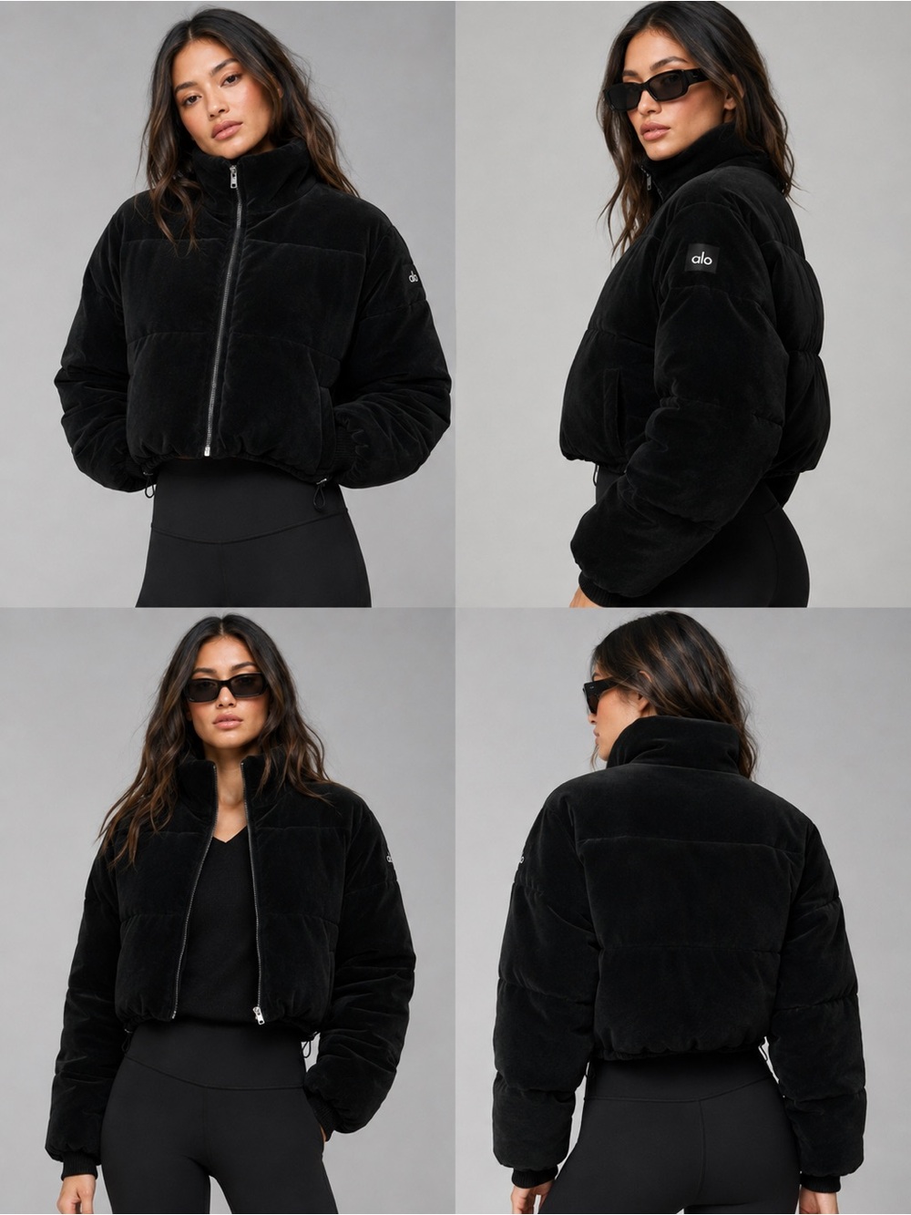 Alo Yoga Velvet Puffer Jacket Black Hooded Cropped Size L